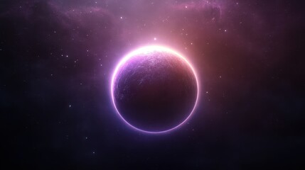 Obraz premium Cosmic eclipse scene, dark celestial orb glowing with vibrant purple halo, illustrating the beauty of astronomical events.
