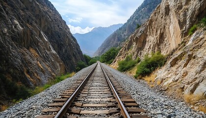 Scenic view of a narrow gauge railway tracks through rocky terrain surrounded by mountains and greenery in a picturesque landscape. ,

