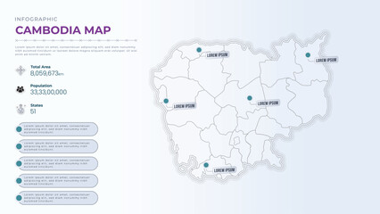 Fototapeta premium Total Area, Papulation, States & More Detailed Infographic Map of Cambodia. Cambodia country map infographic colored vector template with regions and pointer marks.