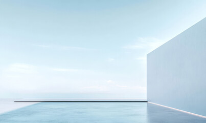 Minimalist architecture with serene water surface and clear sky in tranquil environment
