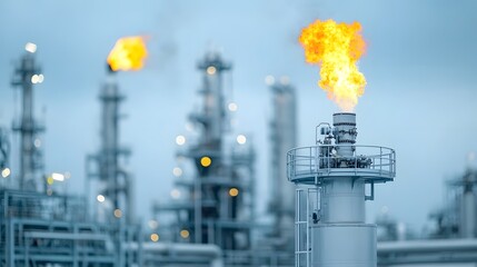 Close up view of gas flaring equipment and in an industrial petrochemical refinery setting with bright orange and yellow flames burning off excess gas during the refining process
