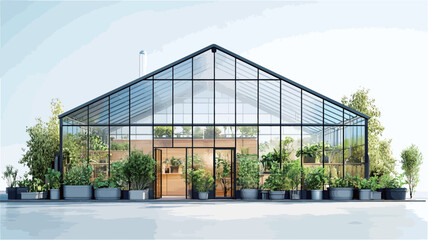 The image shows a front view of a large modern greenhouse. The structure is characterized by a sharp A-frame roof and extensive glass walls, allowing ample natural light. A dark-colored