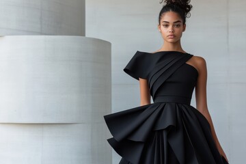 A striking image of a model wearing an elegant black dress featuring dynamic ruffles, set against a contemporary architecture backdrop that highlights the fashion.