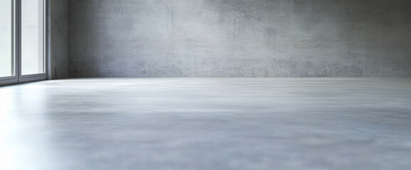 Spacious empty room with concrete floor and large windows illuminated by natural light