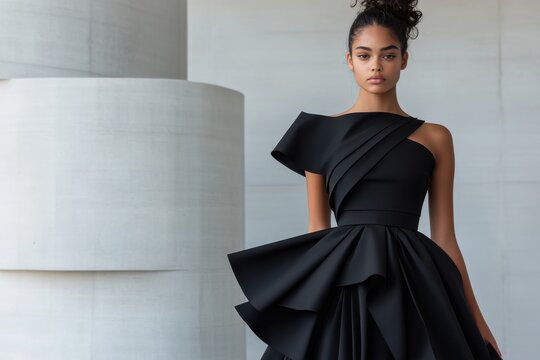 A striking image of a model wearing an elegant black dress featuring dynamic ruffles, set against a contemporary architecture backdrop that highlights the fashion.