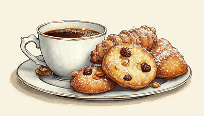 Cup of coffee with chocolate chip cookies on saucer, ideal for food blogs, cafe menus, coffee shop promotions and bakery social media content