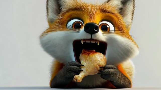 Funny cartoon fox enjoys a tasty fried chicken leg with enthusiasm in a playful setting