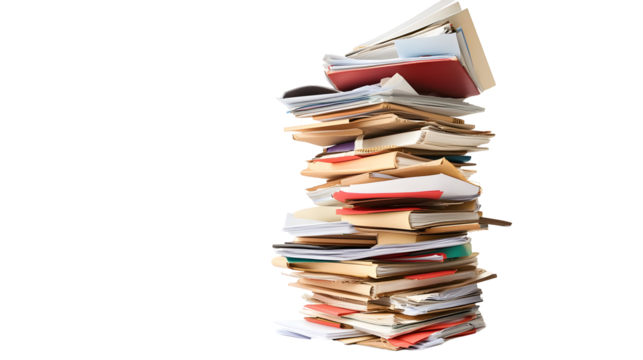 Towering stack of paperwork and files, cut out, kept on white or transparent background