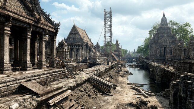 Ancient architecture reconstruction in new urban development preserving cultural heritage in historical landscapes