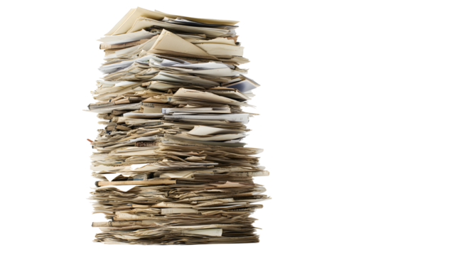 Towering stack of paperwork and files, cut out, on white or transparent background
