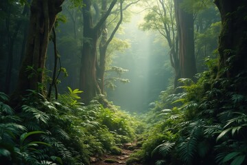 Fototapeta premium A Path Through a Lush Green Forest With Sunlight Shining Through the Trees - Generative AI