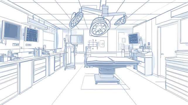 The image is a perspective line drawing or blueprint sketch of an operating room.  The sketch shows an operating table in the center, surrounded by various medical equipment and