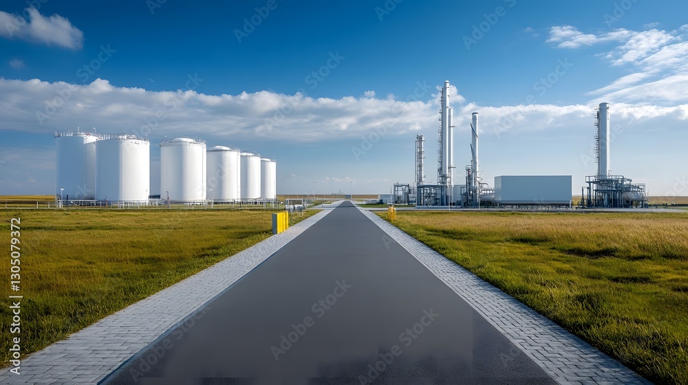 Poster sleek and modern fuel storage facility with high tech processing equipment and infrastructure in an 