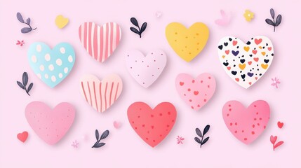 Colorful heart-shaped decorations, vibrant pastel hearts and floral designs on soft pink background, perfect for celebrations.