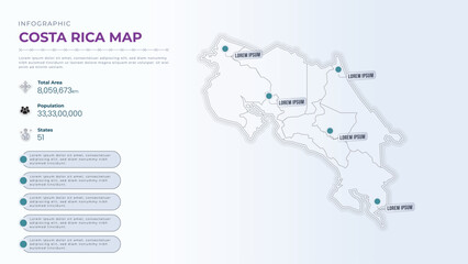 Total Area, Papulation, States & More Detailed Infographic Map of Costa Rica. Costa Rica country map infographic colored vector template with regions and pointer marks.