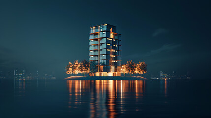 A single modern building surrounded by a futuristic cityscape at night