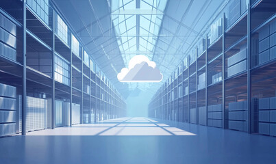 A spacious, modern warehouse with tall shelves and a cloud floating in the sky, creating a serene and bright atmosphere.