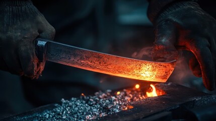 A blacksmith carefully handles a glowing hot piece of metal