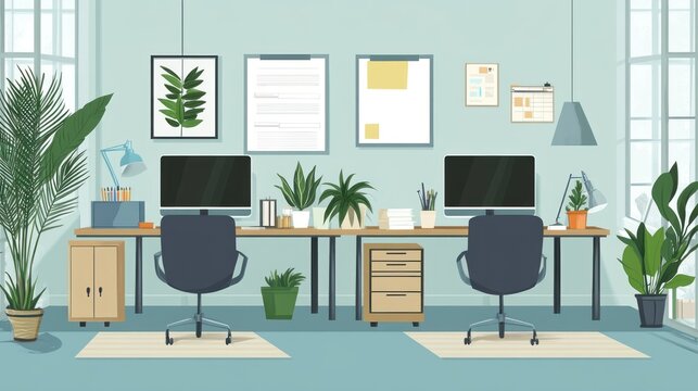 Modern office interior with two desks, plants, and computers.  Possible use Stock photo for office design, workspace inspiration
