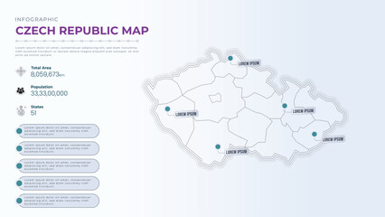 Total Area, Papulation, States & More Detailed Infographic Map of Czech Republic. Czech Republic country map infographic colored vector template with regions and pointer marks.