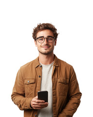 Casual portrait of young man with phone isolated on transparent background png