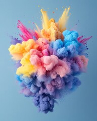 Obraz premium Vibrant explosion of colorful powder against a serene blue backdrop creating a dynamic and artistic visual spectacle with a modern and abstract style
