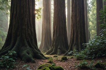 Obraz premium A Group of Trees in a Forest With Moss on the Ground - Generative AI
