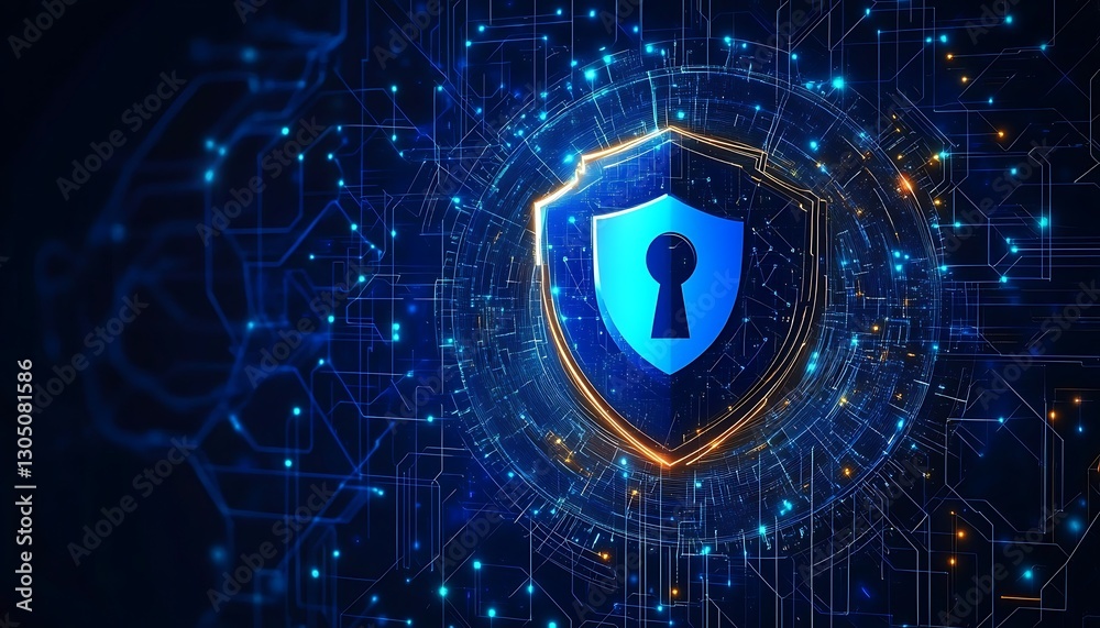 Poster cybersecurity innovation with geometric shapes and digital network technology in abstract background