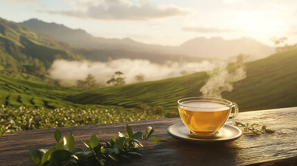 Serene landscape of tea plantations with cup of tea and misty morning light, natural tranquility and beauty