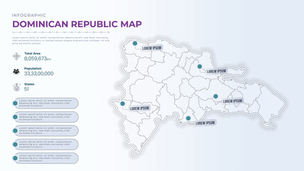 Total Area, Papulation, States & More Detailed Infographic Map of Dominican Republic. Dominican Republic country map infographic colored vector template with regions and pointer marks.