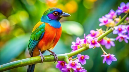 Obraz premium Vibrant Tropical Bird Perched on a Lush Green Branch Adorned with Delicate Purple Blossoms in a Vivid Natural Setting