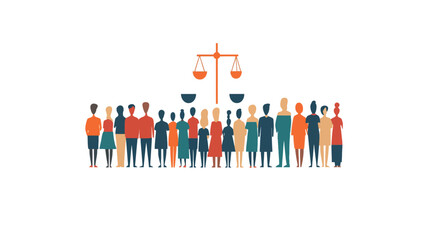 The image is a stylized vector illustration featuring a large group of diverse individuals depicted in simple, colorful silhouettes standing in a row.  Above the group, a simplified icon of