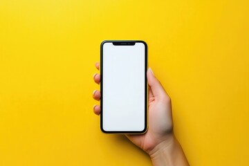 A hand holding a smartphone with a blank white screen against a vibrant yellow background, ideal for app mockups, advertising, and digital marketing concepts
