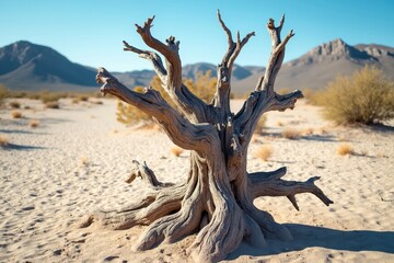 A Dead Tree in the Middle of a Desert With Mountains in the Background - Generative AI