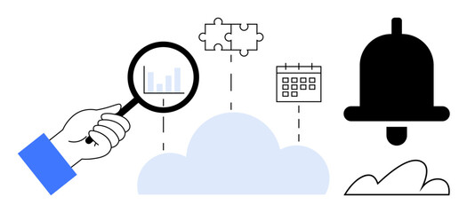 Hand holding magnifying glass over bar chart, linking a cloud to a puzzle, calendar, and bell. Ideal for data analytics, cloud storage, organization, task management, optimization teamwork flat