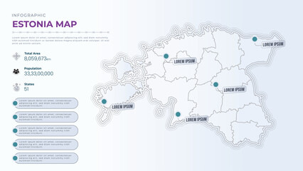 Total Area, Papulation, States & More Detailed Infographic Map of Estonia. Estonia country map infographic colored vector template with regions and pointer marks.