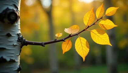 Twisted birch twig branch with yellow autumn leaves, woodland, wood