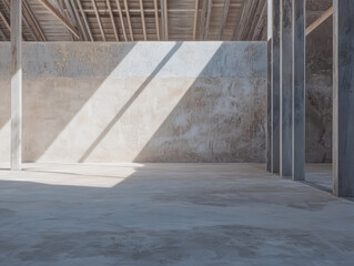 Bright sunlight illuminates an empty industrial space with concrete walls