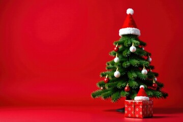 Obraz premium A Festive Miniature Christmas Tree with Gift and Santa Hats on Red Background