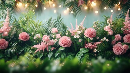 Colorful Floral Arrangement with Pink Roses and Greenery Background
