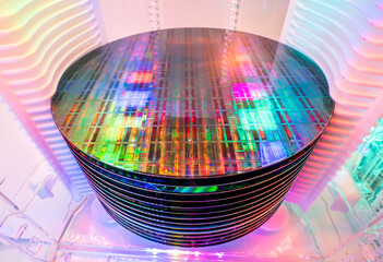 silicon Wafers in white plastic holder box used in electronics for the fabrication of integrated...