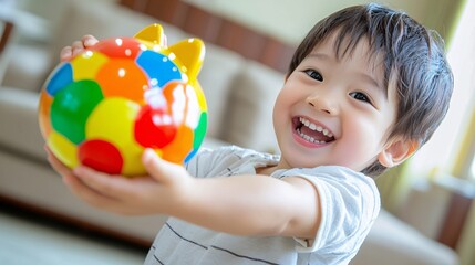 child holding a colorful piggy bank with a big smile, placing a coin into it, with a blurred background of a cozy living room. child, colorful piggy bank, big smile, placing coin, cozy living 