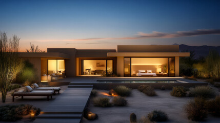 Modern desert villa at sunset featuring serene pool and natural landscaping