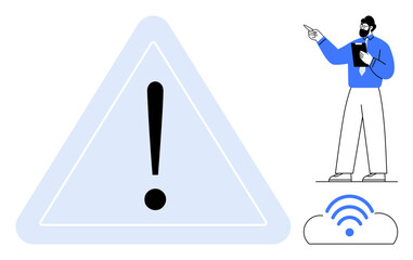 Large alert triangle excites focus, wireless network issue icon conveys connectivity problem man gestures meaning concern or troubleshooting. Ideal for warning, internet, failure, problem-solving