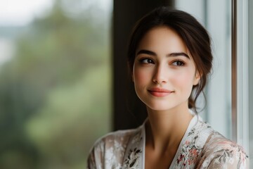 Fototapeta premium A graceful woman in a delicate floral robe gazes thoughtfully, showcasing her soft features and serene ambiance, symbolizing beauty, introspection, and the essence of femininity.
