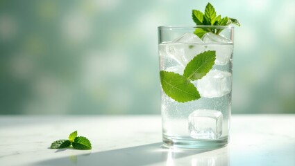 Refreshing Iced Mint Water Drink in Glass Cool Summer Beverage Crystal Clear Ice Cubes