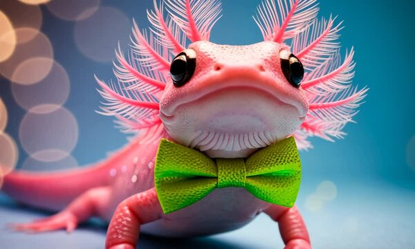 A cute pink axolotl wearing a bright green bow tie against a bold blue background. Uniqueness, charm, and creativity concept