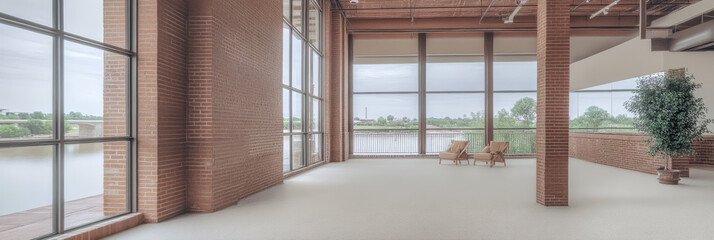 Modern architectural space with lake view and natural light in a contemporary design