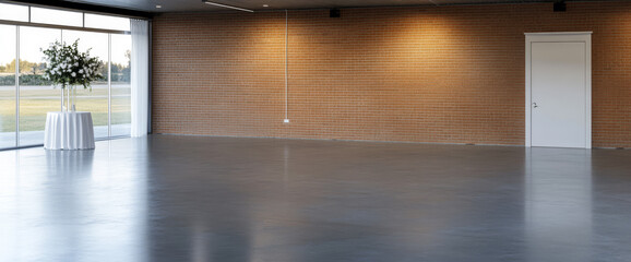 Elegant empty event space with natural light and floral arrangement in background