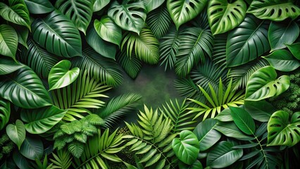 Exotic Green Leaf Pattern Background with Vines and Fronds, nature background